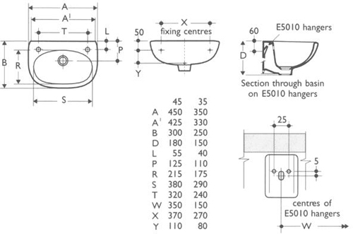 2 Tap Hole Wall Hung Basin With Hangers. 355mm. technical image