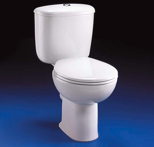 Close Coupled Toilet, Push Cistern, Fittings & Seat. technical image