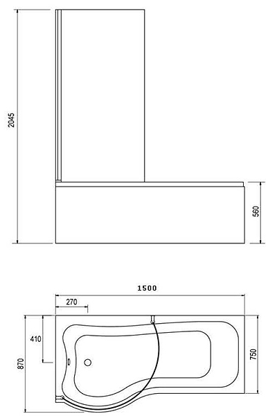 Complete Shower Bath Suite With 2 Screens. (Left Hand). 1500x750mm. technical image