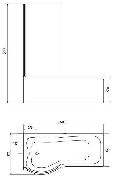 Complete Shower Bath Suite (Right Hand). 1500x750mm. technical image