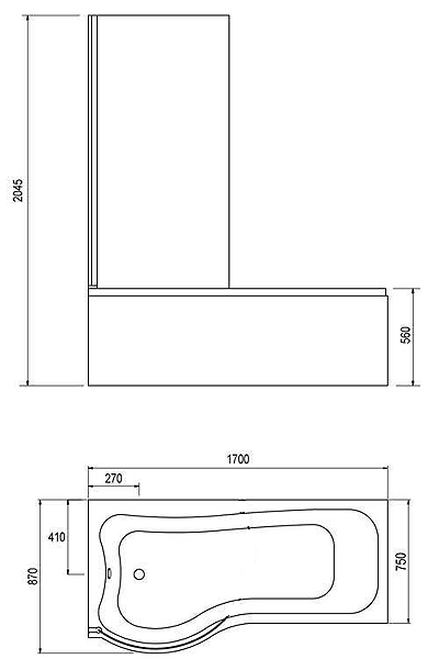 Complete Shower Bath (Right Hand). 1700x750mm. technical image