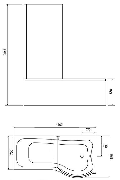 Complete Shower Bath With Screen & Door (Right Hand). 1700x750mm. technical image