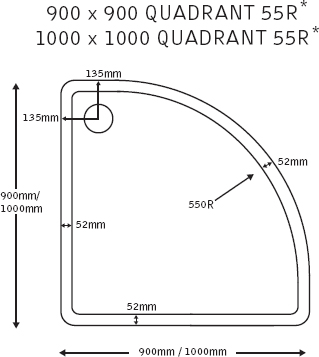 Slimline Gloss Quadrant Shower Tray. 1000x1000x40mm. technical image