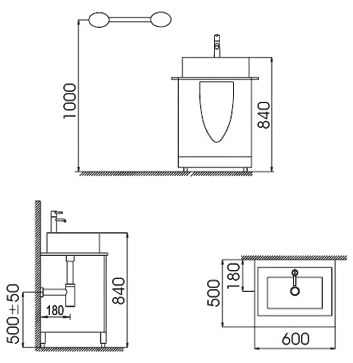 Guernsey 600mm vanity unit / washstand set, without mirror. technical image