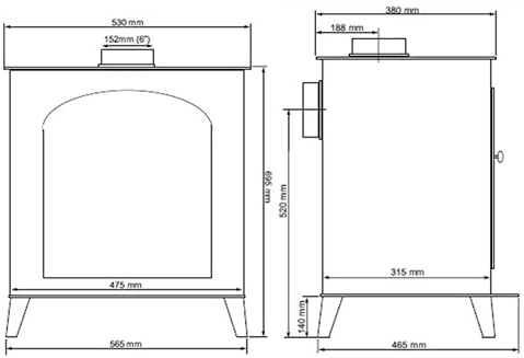 Warwick Wood Burning Stove.  695x565mm. 9kW. technical image