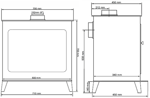 Woburn Wood Burning Stove. 705x710mm. 9.5kW technical image