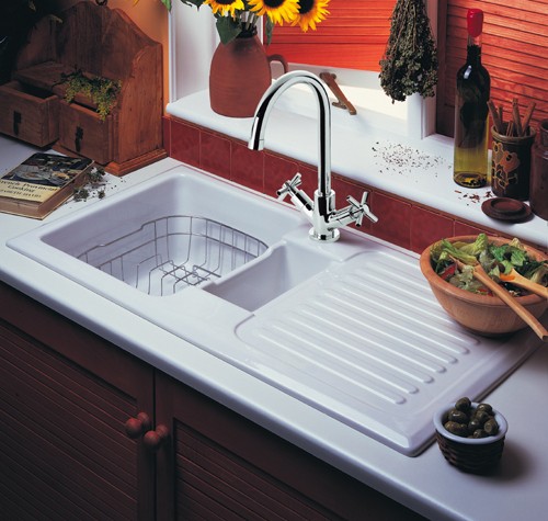 1.5 Bowl Ceramic Kitchen Sink, Right Hand Drainer. technical image