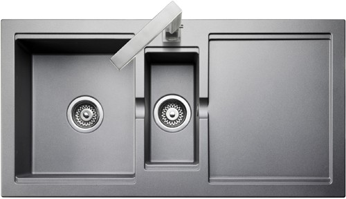 1.5 bowl granite silver finish kitchen sink. Reversible. technical image