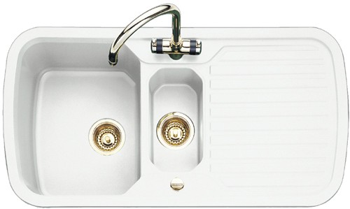 1.5 Bowl White Sink With Brass Tap And Waste. technical image