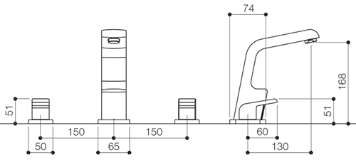 3 Tap Hole Bath Filler Tap (Chrome). technical image