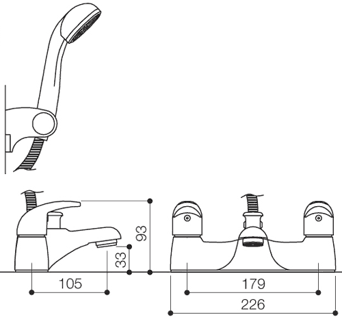 Bath Shower Mixer Tap With Shower Kit (Chrome). technical image