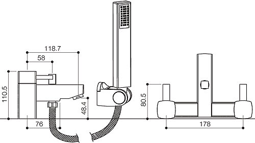 Bath Shower Mixer Tap With Shower Kit (Chrome). technical image