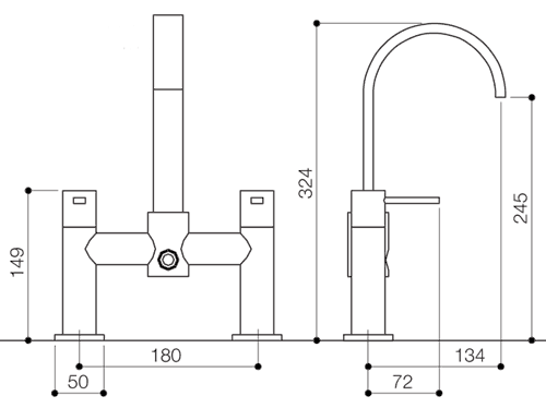 Bath Shower Mixer Tap With Shower Kit (High Spout). technical image