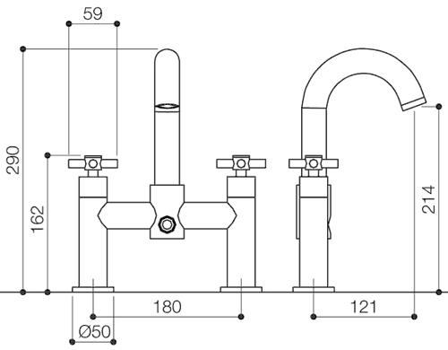 Bath Shower Mixer Tap With Shower Kit (High Spout). technical image