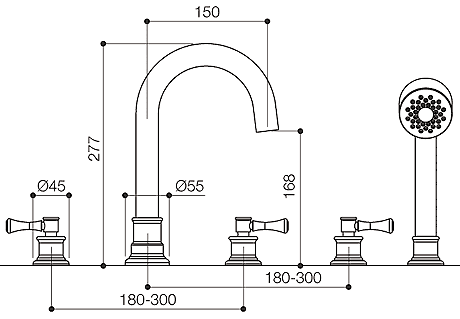 5 Tap Hole Bath Shower Mixer Tap With Shower Kit (Chrome). technical image