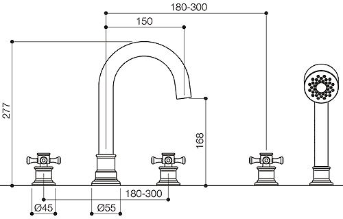 5 Tap Hole Bath Shower Mixer Tap With Shower Kit (Chrome). technical image