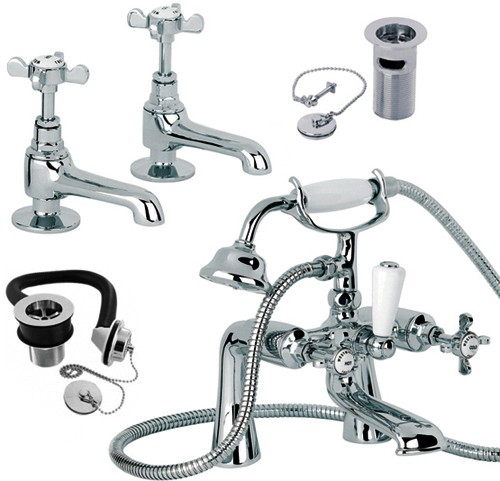 Basin & Bath Shower Mixer Tap Pack With Wastes. technical image