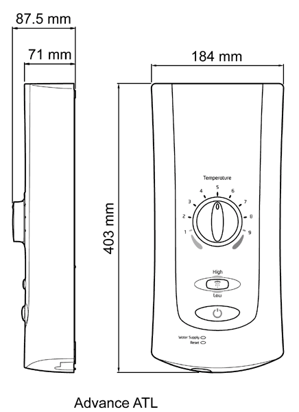 Mira Advance ATL 9.8kW thermo, white & chrome. technical image