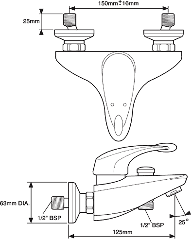 Wall Mounted Bath Shower Mixer Tap With Shower Kit (Chrome). technical image