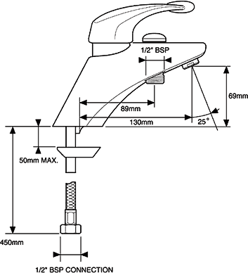 1 Tap Hole Bath Shower Mixer Tap With Shower Kit (Chrome). technical image