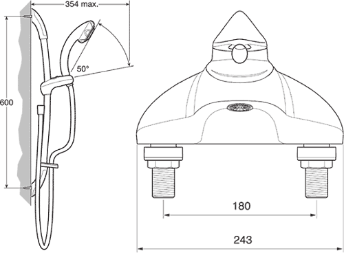 TMV2 Thermostatic Bath Shower Mixer Tap With Slide Rail Kit. technical image