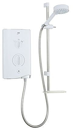 Mira Sport 7.5kW in white & chrome. technical image