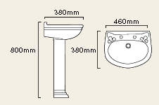 Vale 2 Tap Hole Cloakroom Basin and Pedestal. technical image