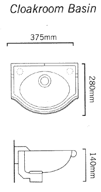 2 Tap Hole Wall Hung Cloakroom Basin. 375 x 280mm. technical image