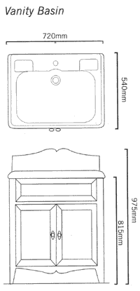 Vanity Unit With 1 Tap Hole  Basin. 735 x 540mm. technical image