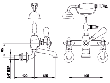 Wall mounted bath shower mixer (Antique Gold) technical image