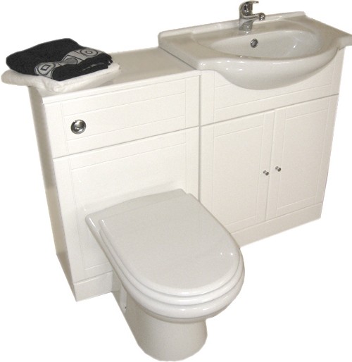 White bathroom furniture suite with tap and waste. Right Handed. technical image