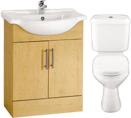 Birch 650mm Vanity Suite With Vanity Unit, Basin, Toilet & Seat. technical image