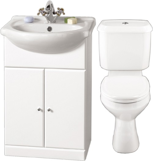 White 550mm Vanity Suite With Vanity Unit, Basin, Toilet & Seat. technical image