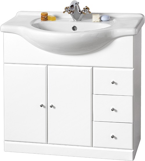 850mm Contour Vanity Unit with one piece ceramic basin technical image