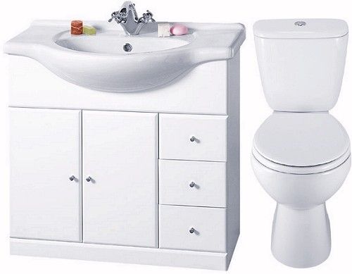 4 Piece 850mm Bathroom Vanity Suite with WC, Cistern, Vanity, Basin. technical image
