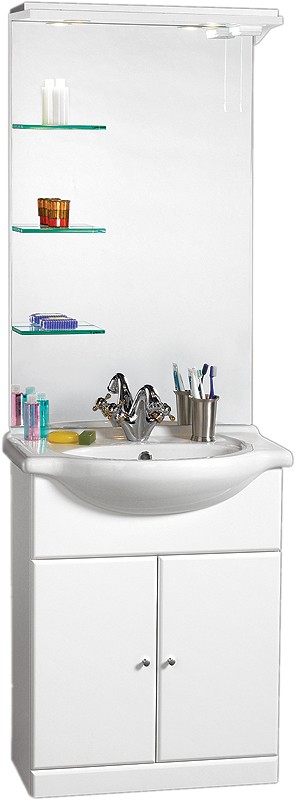 650mm Contour Vanity Unit with ceramic basin, mirror and shelves. technical image