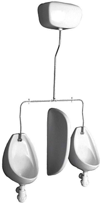 Emerald urinal pack with 2 urinal bowls, divider and auto cistern. technical image