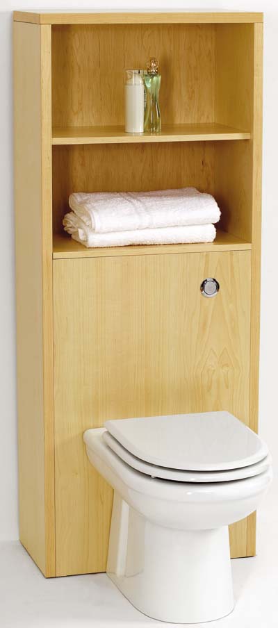 Monte Carlo complete back to wall toilet set with shelves in maple. technical image