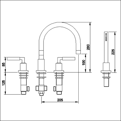 Lever 4 tap hole deck mounted bath mixer technical image