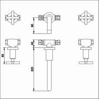 X head 3 tap hole wall mounted basin mixer tap technical image