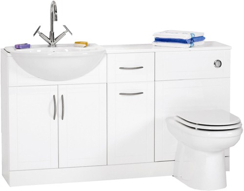 Deluxe white bathroom furniture suite.  1420x810x300mm. technical image