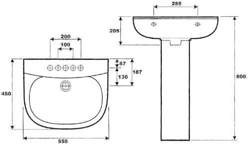 2 Tap Hole Basin & Pedestal. 550mm. technical image