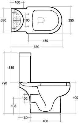 Close Coupled Toilet, Dual Push Flush Cistern & Seat. technical image