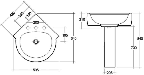 4 Piece Corner Bathroom Suite With 1 Tap Hole Basin. technical image