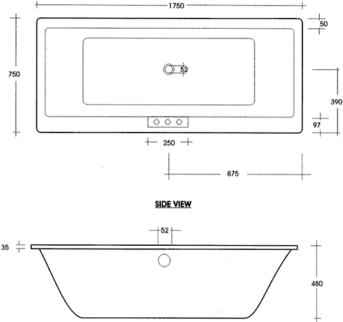 Modern Acrylic Bath. 1750x750mm (Undrilled, White). technical image