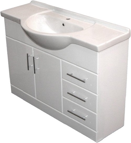 1215mm White Vanity Unit, Ceramic Basin, Fully Assembled. technical image