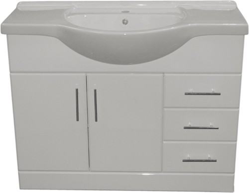 1215mm White Vanity Unit, Ceramic Basin, Fully Assembled. technical image