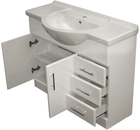1215mm White Vanity Unit, Ceramic Basin, Fully Assembled. technical image