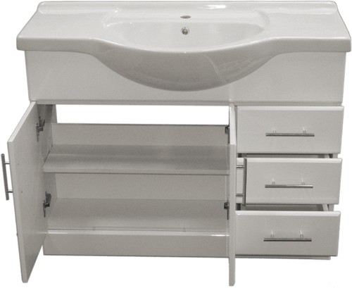 1215mm White Vanity Unit, Ceramic Basin, Fully Assembled. technical image