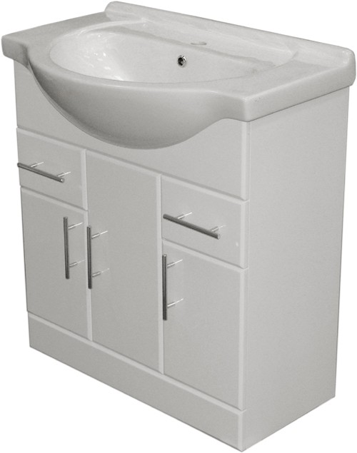 750mm White Vanity Unit, Ceramic Basin, Fully Assembled. technical image